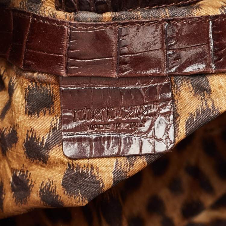 Pre Owned Roberto Cavalli Brown Leopard Print/Croc Embossed Leather and Calf Hair Drawstring Hobo