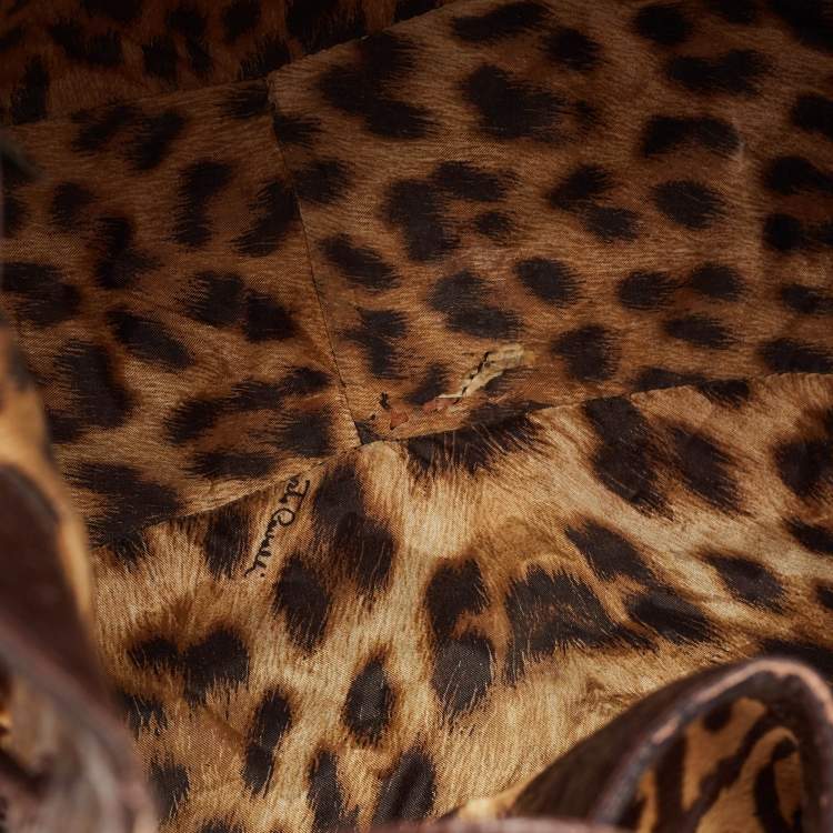 Pre Owned Roberto Cavalli Brown Leopard Print/Croc Embossed Leather and Calf Hair Drawstring Hobo