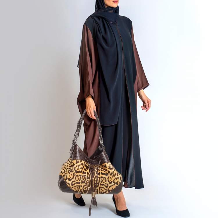 Pre Owned Roberto Cavalli Brown Leopard Print/Croc Embossed Leather and Calf Hair Drawstring Hobo