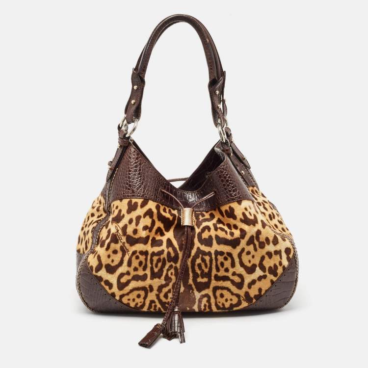 Pre Owned Roberto Cavalli Brown Leopard Print/Croc Embossed Leather and Calf Hair Drawstring Hobo