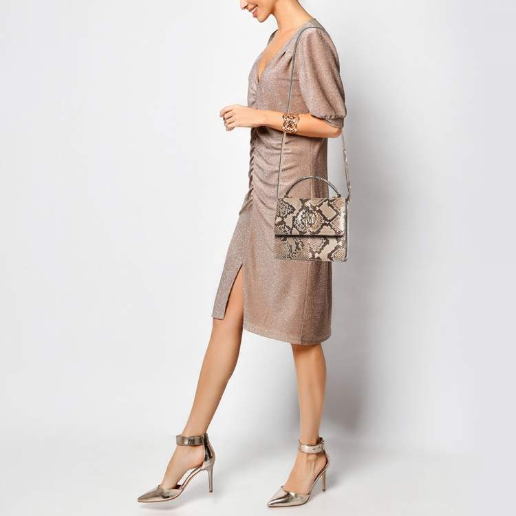 Pre Owned Roberto Cavalli Brown/Beige Python RC Flap Top Handle Bag