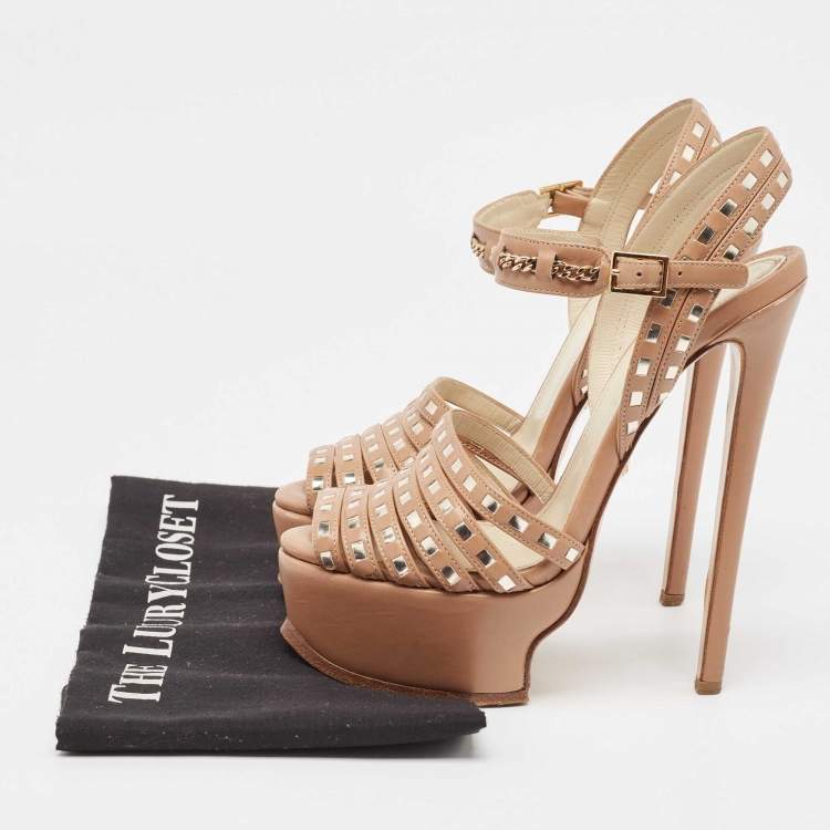 Pre Owned Roberto Cavalli Beige Leather Peep Toe Ankle Strap Sandals Size 37