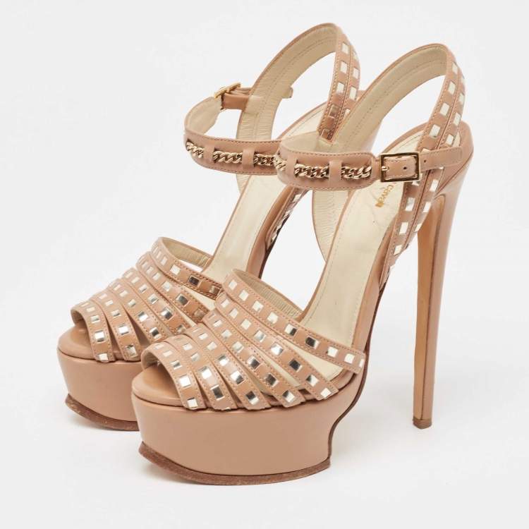 Pre Owned Roberto Cavalli Beige Leather Peep Toe Ankle Strap Sandals Size 37