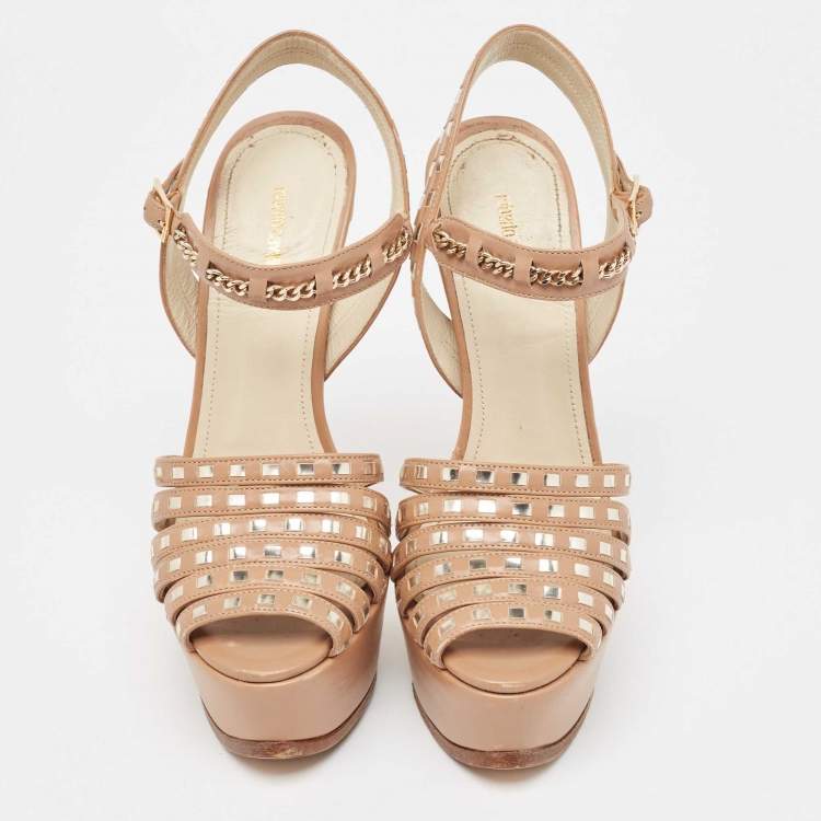 Pre Owned Roberto Cavalli Beige Leather Peep Toe Ankle Strap Sandals Size 37