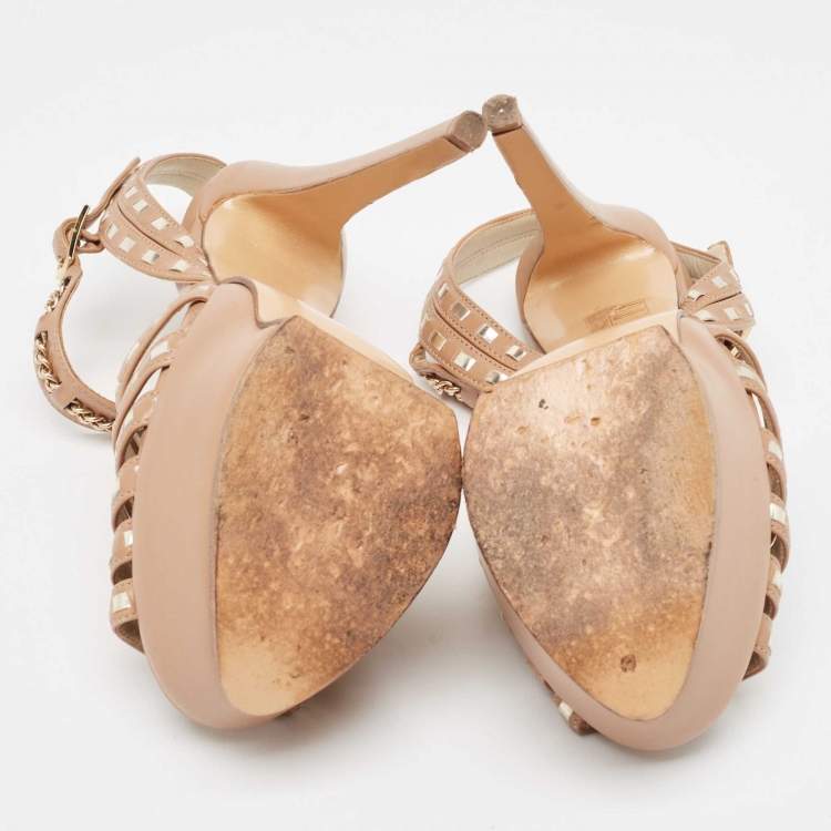 Pre Owned Roberto Cavalli Beige Leather Peep Toe Ankle Strap Sandals Size 37