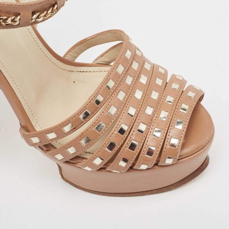 Pre Owned Roberto Cavalli Beige Leather Peep Toe Ankle Strap Sandals Size 37