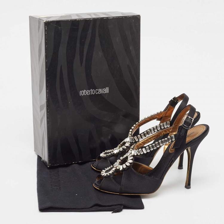 Pre Owned Roberto Cavalli Black Satin Crystal Embellished Slingback Sandals Size 38.5