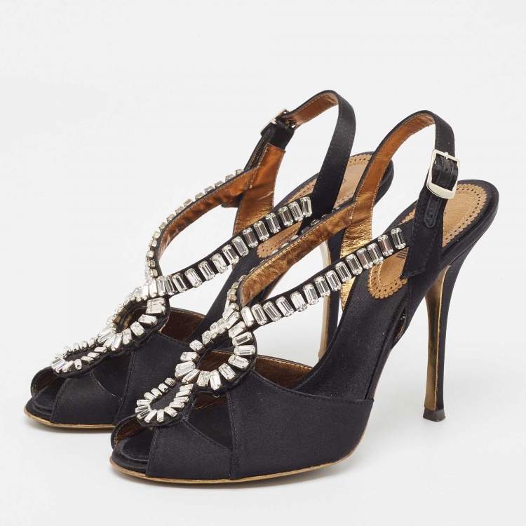 Pre Owned Roberto Cavalli Black Satin Crystal Embellished Slingback Sandals Size 38.5