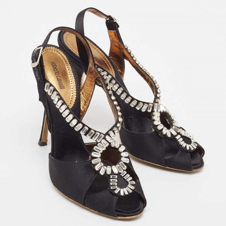 Pre Owned Roberto Cavalli Black Satin Crystal Embellished Slingback Sandals Size 38.5