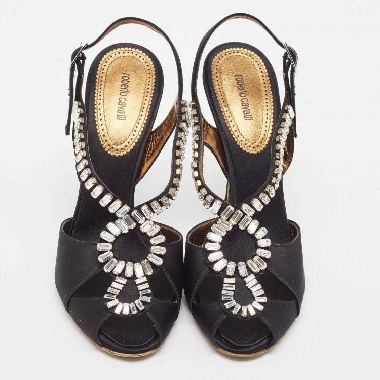 Pre Owned Roberto Cavalli Black Satin Crystal Embellished Slingback Sandals Size 38.5