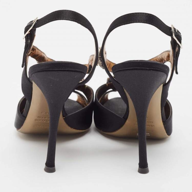 Pre Owned Roberto Cavalli Black Satin Crystal Embellished Slingback Sandals Size 38.5