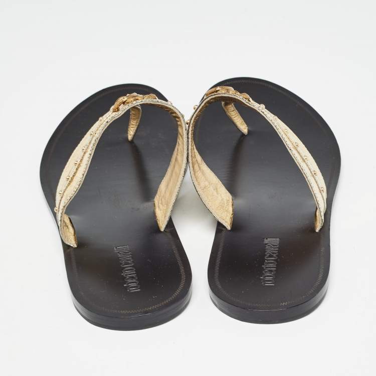 Pre Owned Roberto Cavalli Gold Crackled Leather Flat Slides Size 40