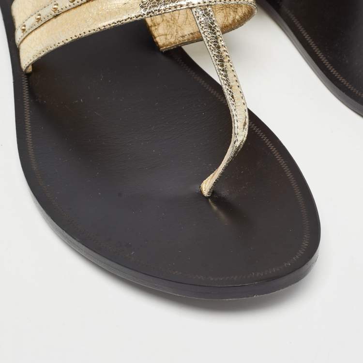 Pre Owned Roberto Cavalli Gold Crackled Leather Flat Slides Size 40