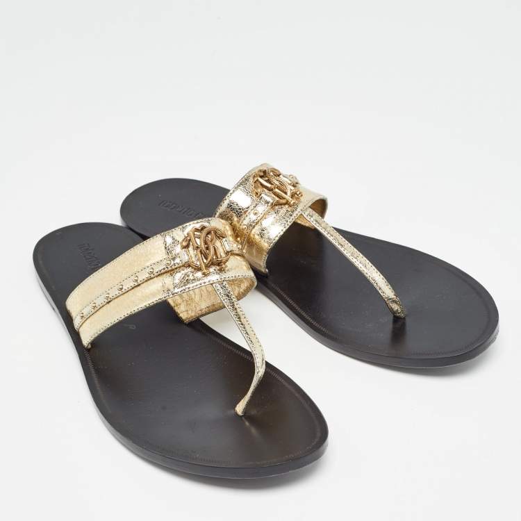 Pre Owned Roberto Cavalli Gold Crackled Leather Flat Slides Size 40
