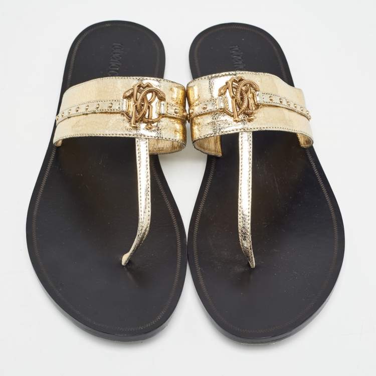 Pre Owned Roberto Cavalli Gold Crackled Leather Flat Slides Size 40