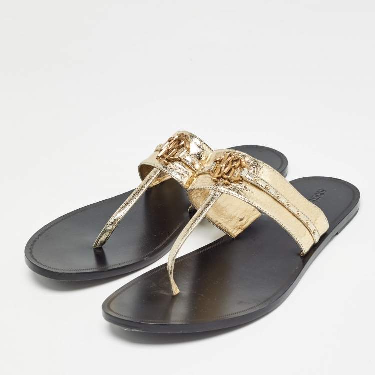 Pre Owned Roberto Cavalli Gold Crackled Leather Flat Slides Size 40
