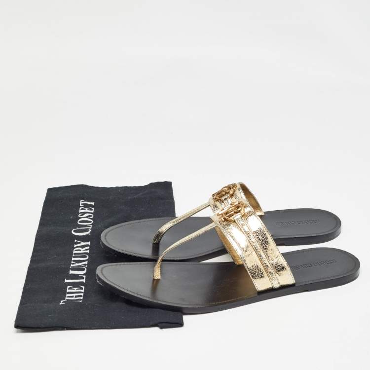 Pre Owned Roberto Cavalli Gold Crackled Leather Flat Slides Size 40