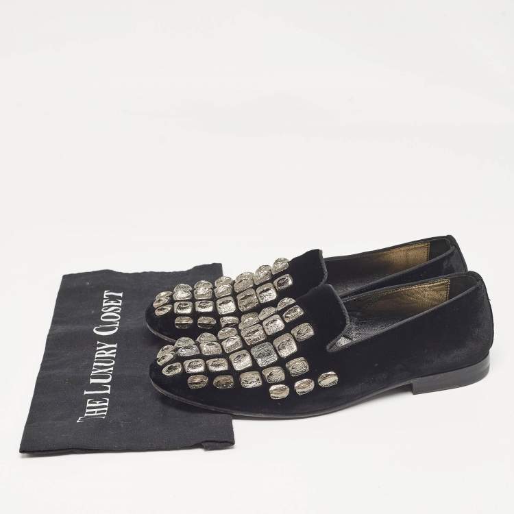 Pre Owned Roberto Cavalli Black Velvet Embellished Slip On Loafers Size 40