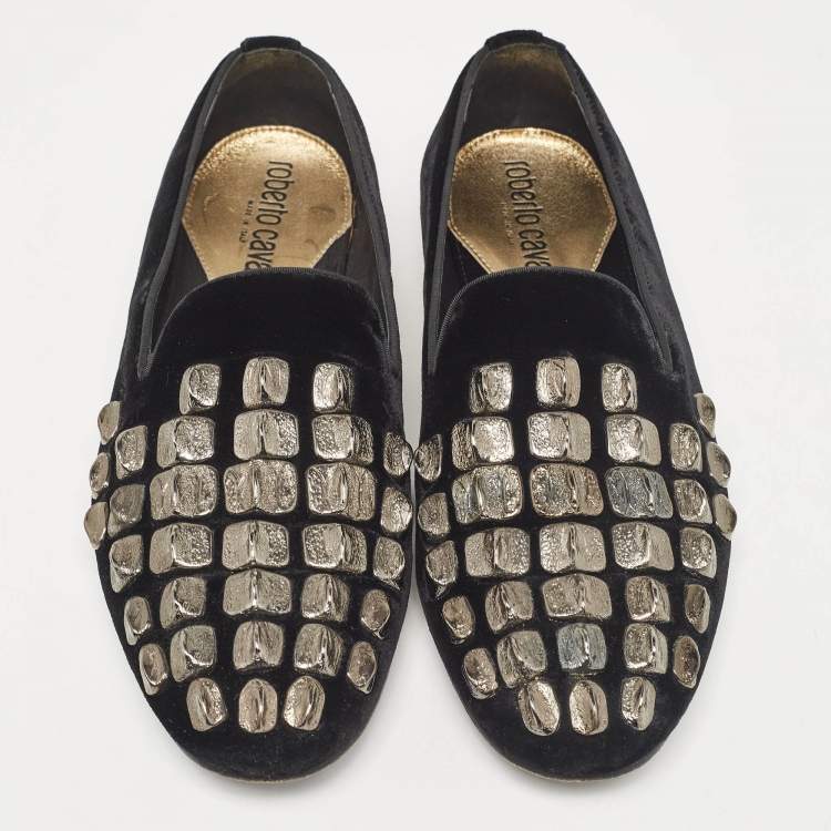 Pre Owned Roberto Cavalli Black Velvet Embellished Slip On Loafers Size 40