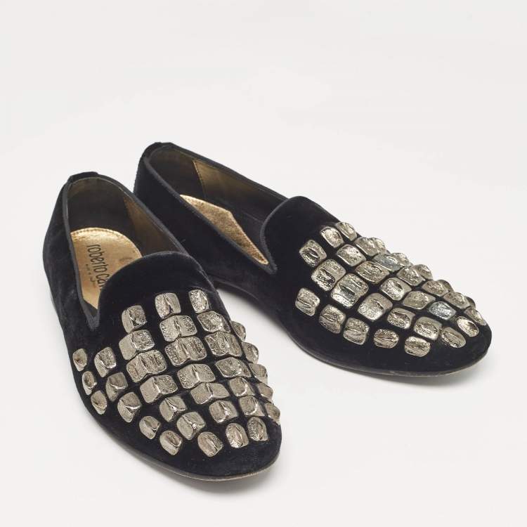 Pre Owned Roberto Cavalli Black Velvet Embellished Slip On Loafers Size 40