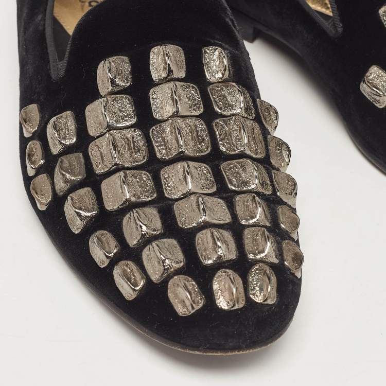 Pre Owned Roberto Cavalli Black Velvet Embellished Slip On Loafers Size 40