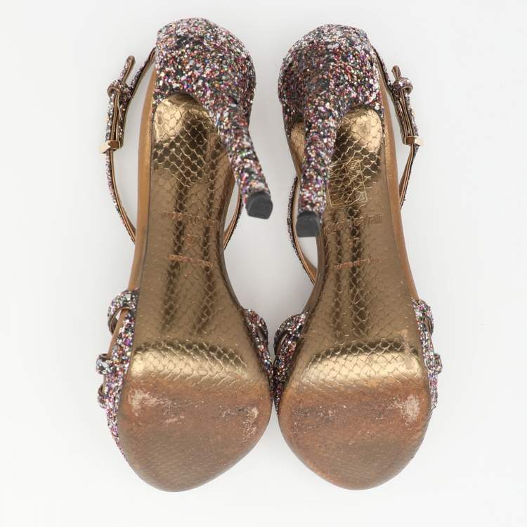 Pre Owned Roberto Cavalli Multicolor Glitter Ankle Strap Sandals Size 37