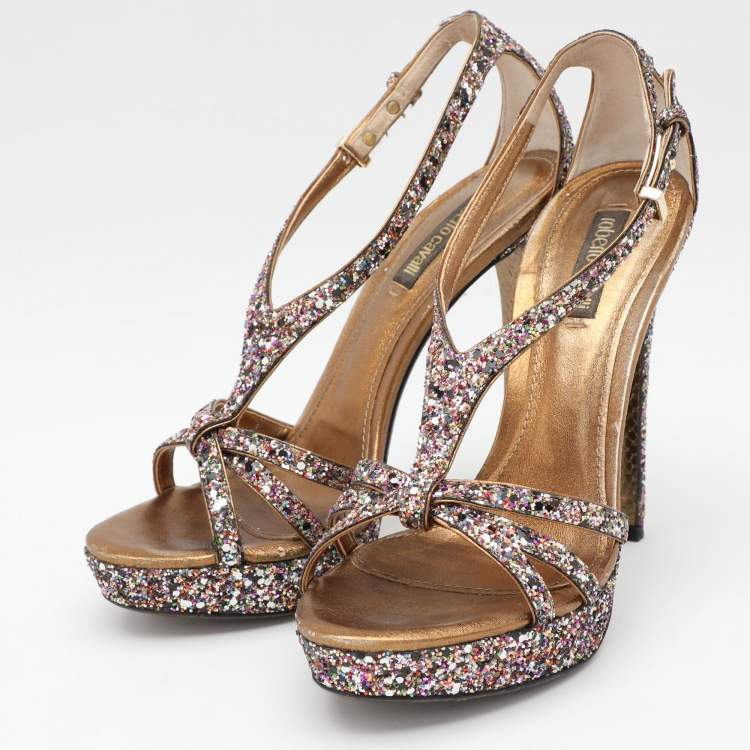 Pre Owned Roberto Cavalli Multicolor Glitter Ankle Strap Sandals Size 37