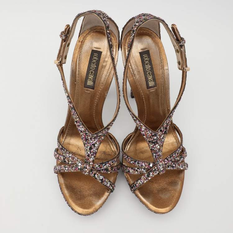 Pre Owned Roberto Cavalli Multicolor Glitter Ankle Strap Sandals Size 37