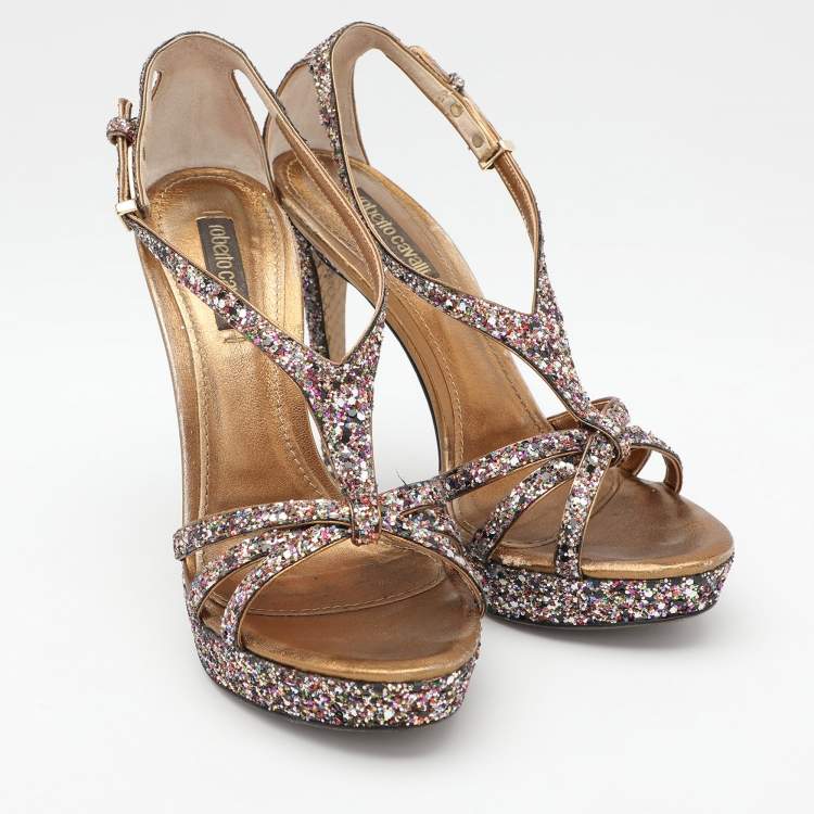 Pre Owned Roberto Cavalli Multicolor Glitter Ankle Strap Sandals Size 37