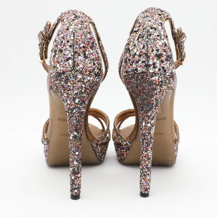 Pre Owned Roberto Cavalli Multicolor Glitter Ankle Strap Sandals Size 37