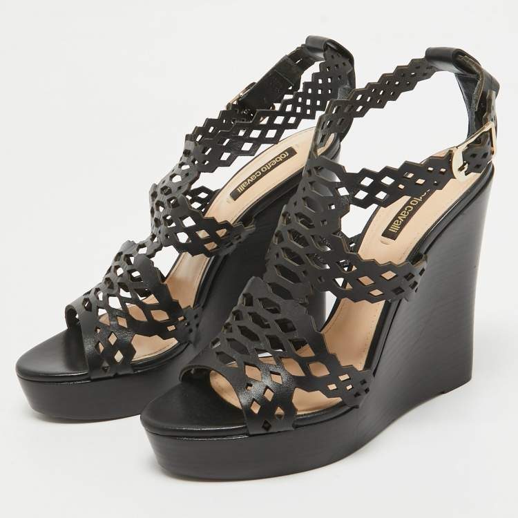 Pre Owned Roberto Cavalli Brown Leather Wedge Sandals Size 38.5