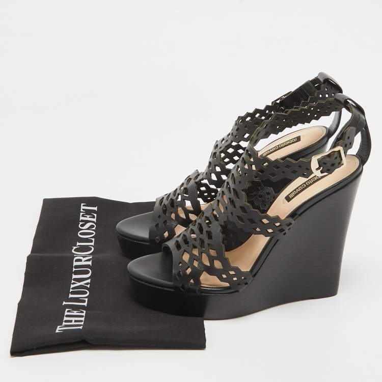 Pre Owned Roberto Cavalli Brown Leather Wedge Sandals Size 38.5