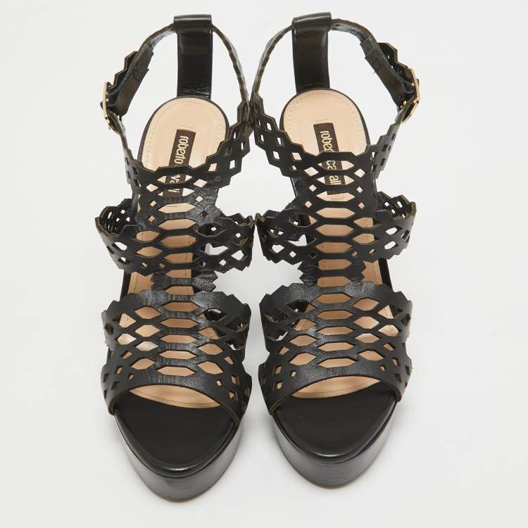 Pre Owned Roberto Cavalli Brown Leather Wedge Sandals Size 38.5