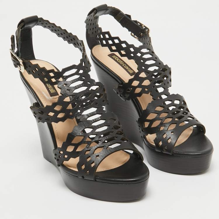 Pre Owned Roberto Cavalli Brown Leather Wedge Sandals Size 38.5