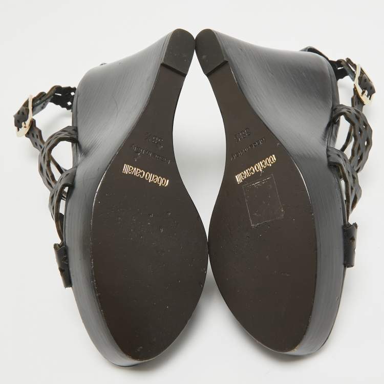 Pre Owned Roberto Cavalli Brown Leather Wedge Sandals Size 38.5