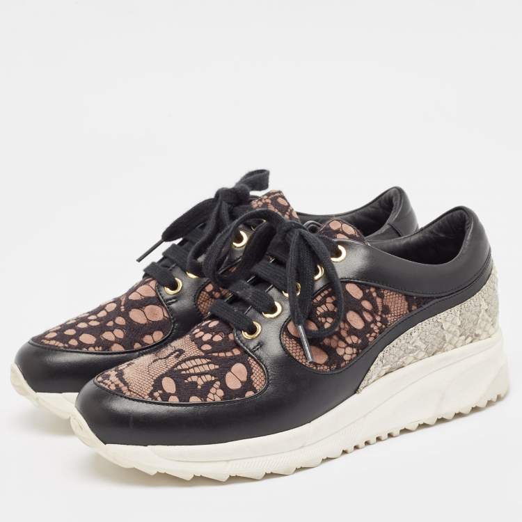 Pre Owned Roberto Cavalli Black Leather and Mesh Lace Up Sneakers Size 36