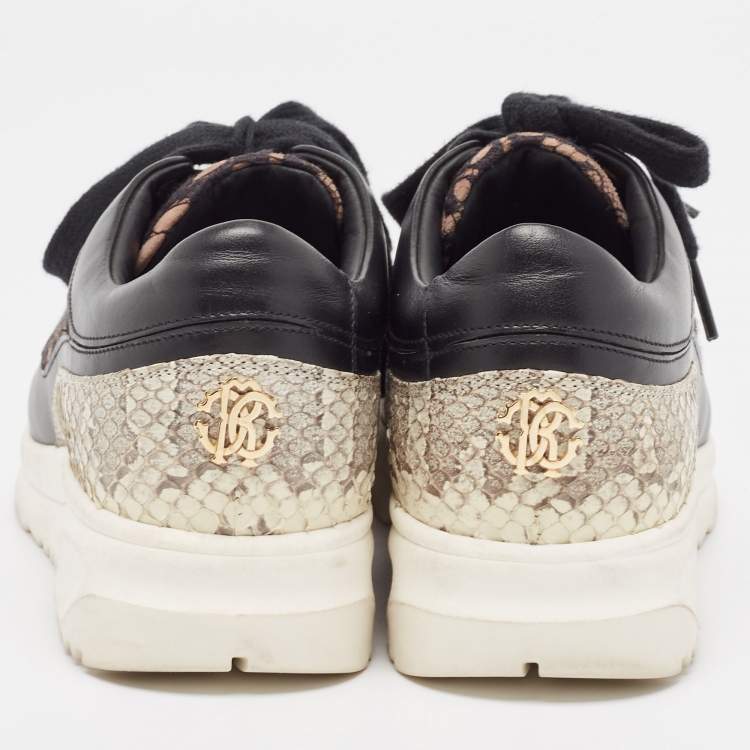 Pre Owned Roberto Cavalli Black Leather and Mesh Lace Up Sneakers Size 36