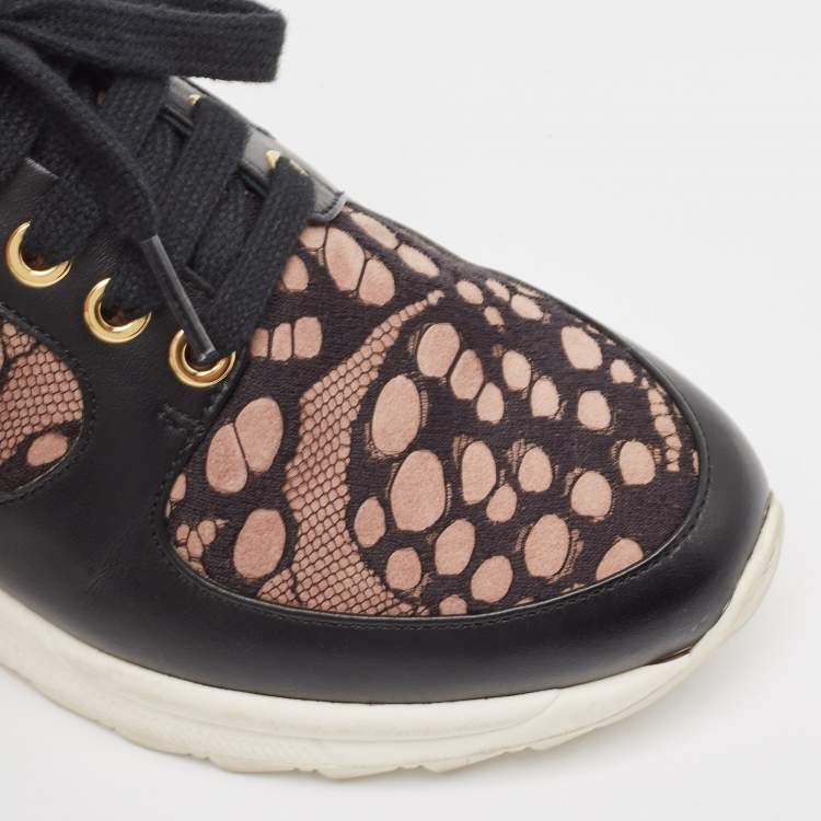 Pre Owned Roberto Cavalli Black Leather and Mesh Lace Up Sneakers Size 36