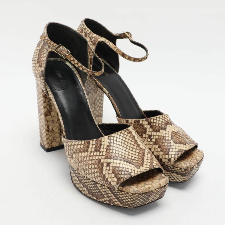 Pre Owned Roberto Cavalli Beige/Brown Python Platform Ankle Strap Sandals Size 40