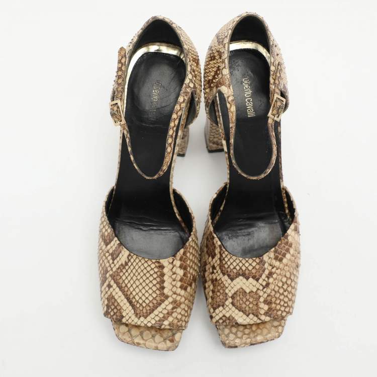 Pre Owned Roberto Cavalli Beige/Brown Python Platform Ankle Strap Sandals Size 40
