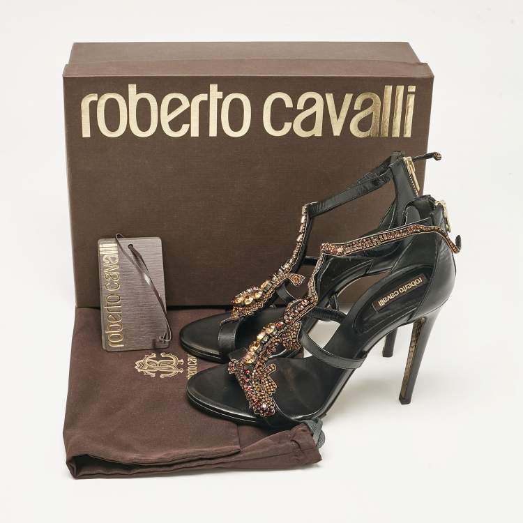 Pre Owned Roberto Cavalli Black Leather Lizard Embellished Sandals Size 38