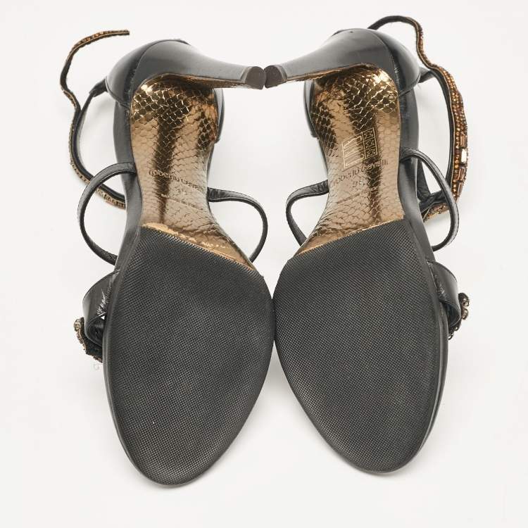 Pre Owned Roberto Cavalli Black Leather Lizard Embellished Sandals Size 38