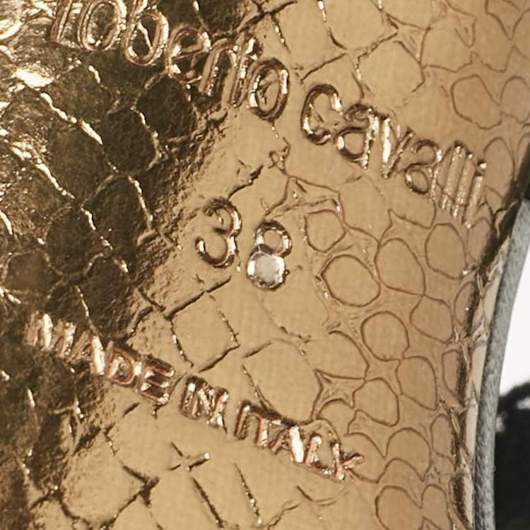 Pre Owned Roberto Cavalli Black Leather Lizard Embellished Sandals Size 38