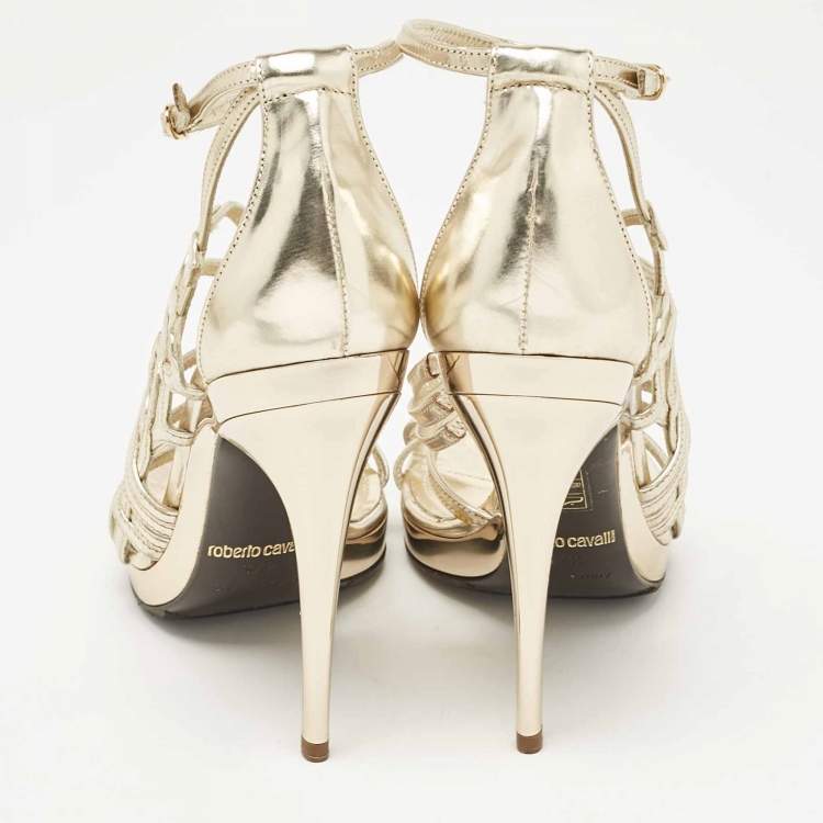 Pre Owned Roberto Cavalli Gold Leather Ankle Strap Sandals Size 37.5