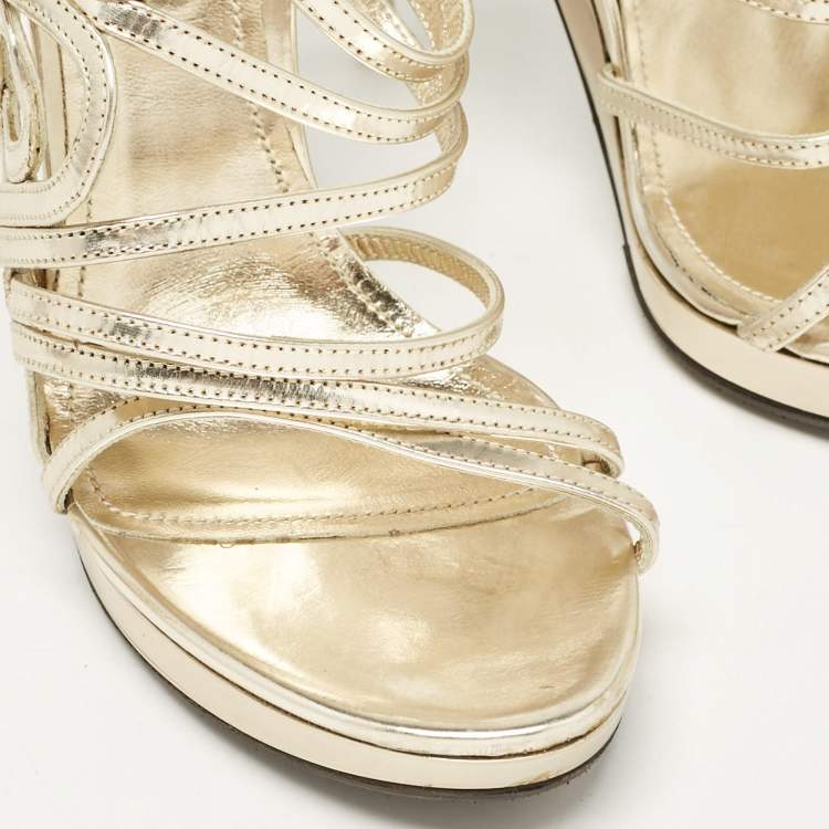 Pre Owned Roberto Cavalli Gold Leather Ankle Strap Sandals Size 37.5