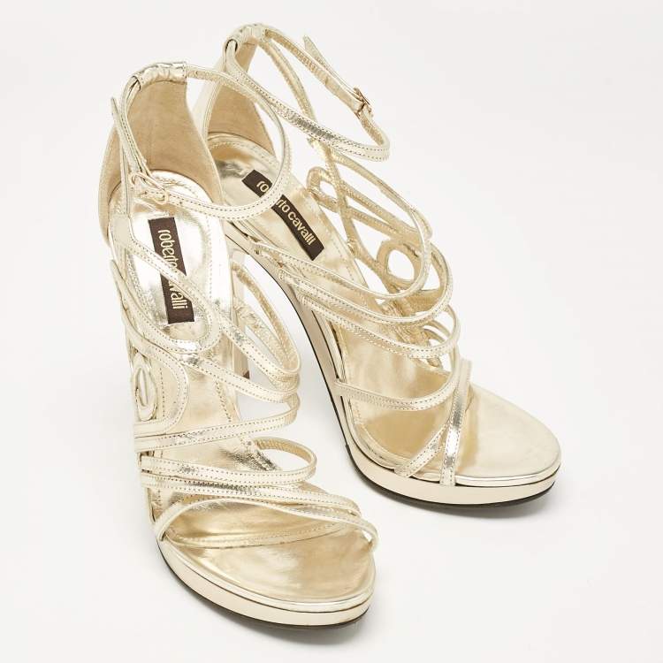Pre Owned Roberto Cavalli Gold Leather Ankle Strap Sandals Size 37.5