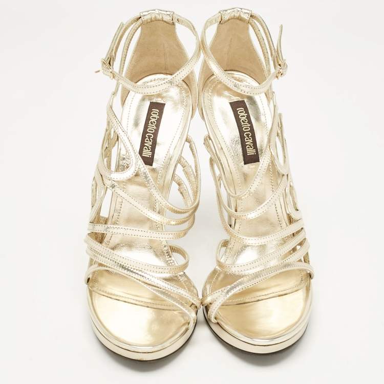 Pre Owned Roberto Cavalli Gold Leather Ankle Strap Sandals Size 37.5