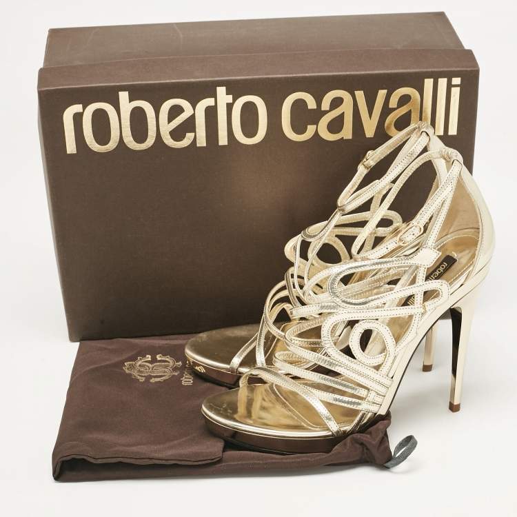 Pre Owned Roberto Cavalli Gold Leather Ankle Strap Sandals Size 37.5