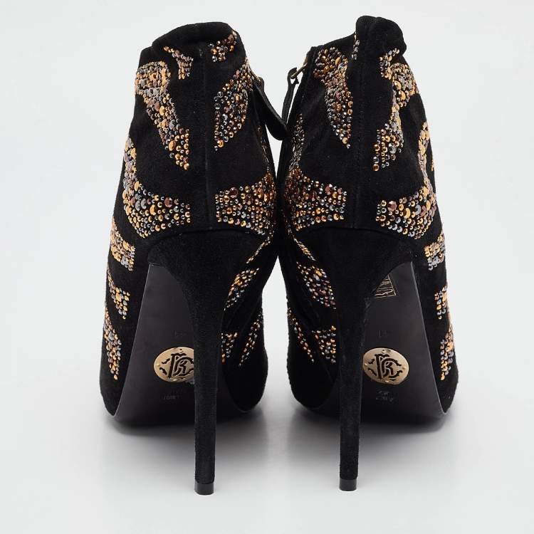 Pre Owned Roberto Cavalli Black Suede Studded Ankle Booties Size 41