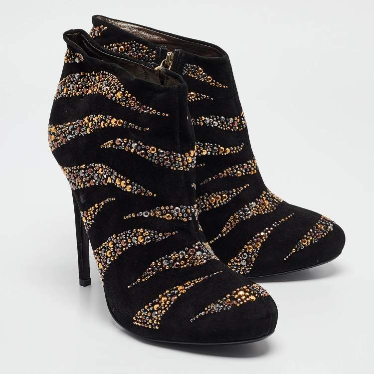 Pre Owned Roberto Cavalli Black Suede Studded Ankle Booties Size 41